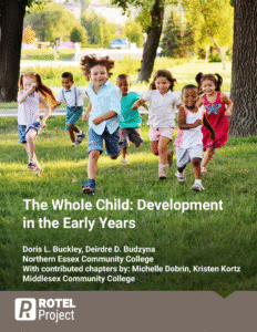 Children run joyfully on grass in a park, surrounded by trees. The cover text reads "The Whole Child: Development in the Early Years."