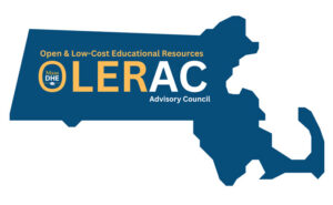 Outline of Massachusetts in blue with "Open & Low-Cost Educational Resources Advisory Council" text in yellow and white, featuring "Mass DHE" logo.